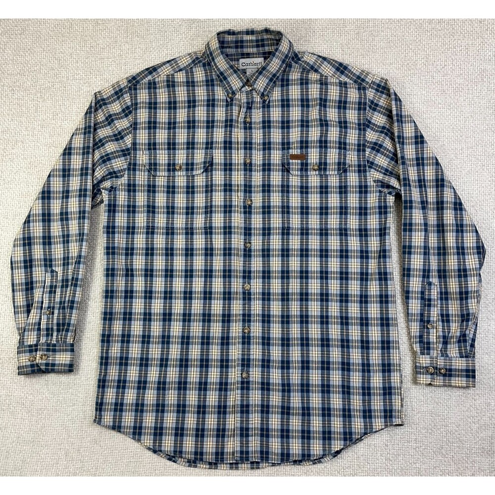 Carhartt Chambray Shirt Men's Large Tall Plaid Blue Long Sleeve Button Down S152
